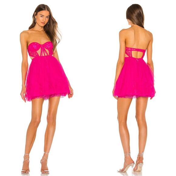 For Love & Lemons Bustier Tulle Hot Pink Mini Dress Size Medium - Picture 1 of 10